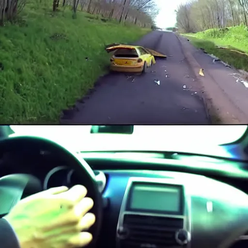 Image similar to dashcam footage of driver’s car crashing into shrek