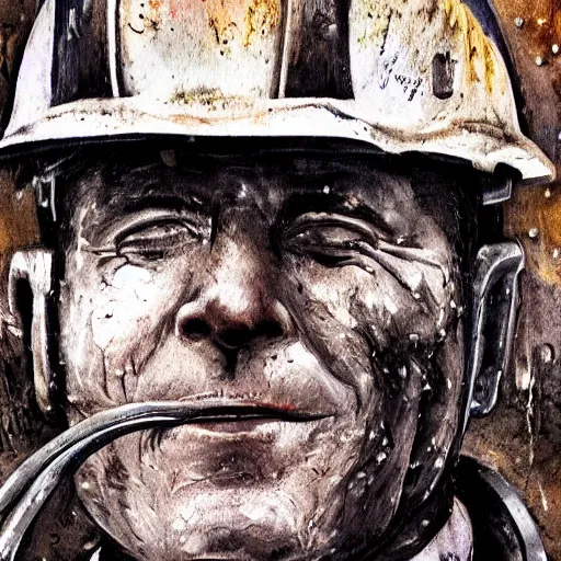 Image similar to Joe Biden as a coal miner, high detail, portrait, close up, dirty, hard hat, smear, smudge, grit