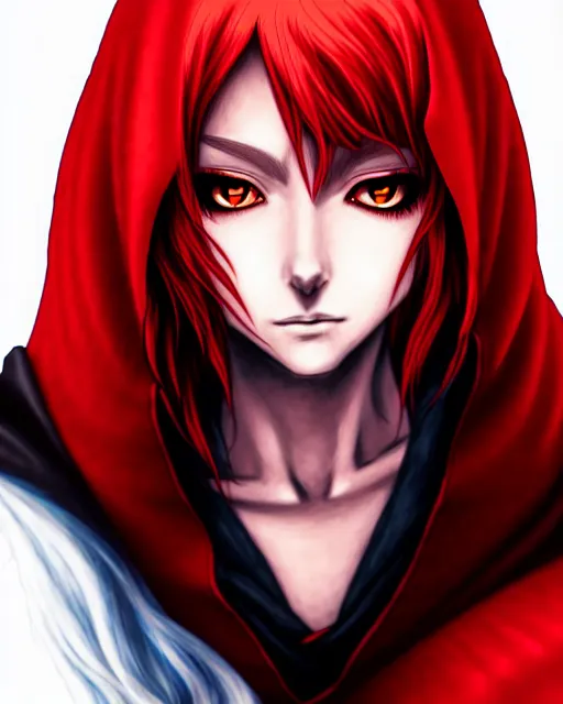 Prompt: portrait Anime sorceress with red hair; cloak with hood; she is summoning fire all around her; pretty face, realistic shaded Perfect face, fine details. Anime. realistic shaded lighting by Kim Jung Gi