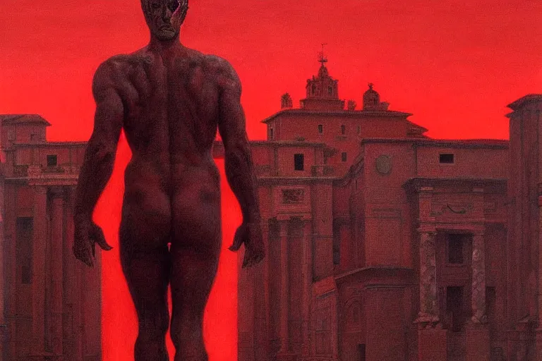 Image similar to only with red, caesar after war, a red tiger, in hoc signo vinces, rome in background, an ancient path, in the style of beksinski, part by hopper, part by rodcenko, part by hofbauer, intricate composition, red by caravaggio, insanely quality, highly detailed, masterpiece, red light, artstation