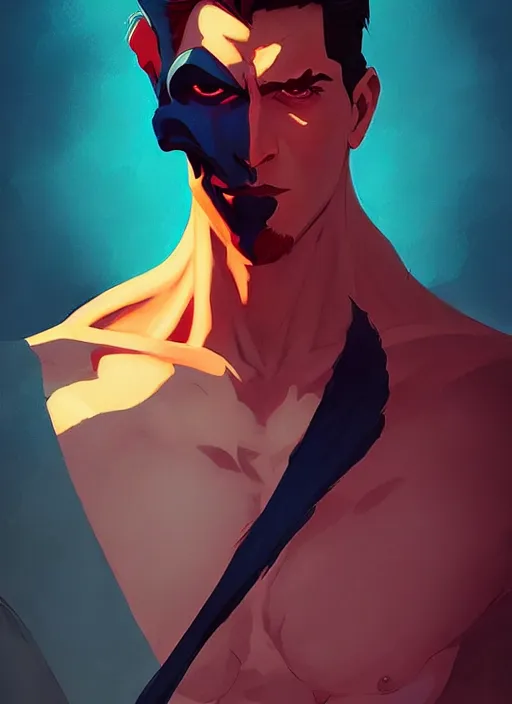 Prompt: uberchad with a stern scornful look on his face, heroic, glorious, in the style of artgerm, gerald brom, atey ghailan and mike mignola, vibrant colors and hard shadows and strong rim light, plain background, comic cover art, trending on artstation