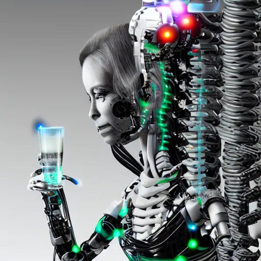 Image similar to the torso of fully a mechanical terminator lady with borg implants, human face and robotic snakes coming out of her head is hanging from cables and wires off the ceiling of an futuristic computer lab and plugged into a quantum computer. Her bottom half is missing with cables hanging out. She is taking a sip from a cup of coffee. Tiny green led lights in her cybernetics. very detailed 8k. Cyberpunk horror style.