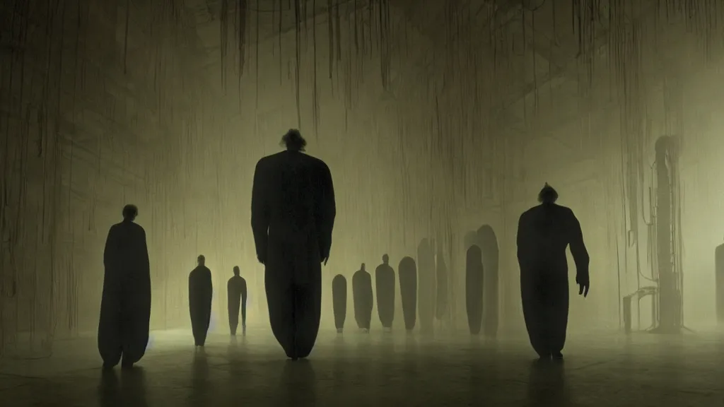 Image similar to the giant hands walks through the warehouse, film still from the movie directed by denis villeneuve and david cronenberg with art direction by zdzisław beksinski and dr. seuss