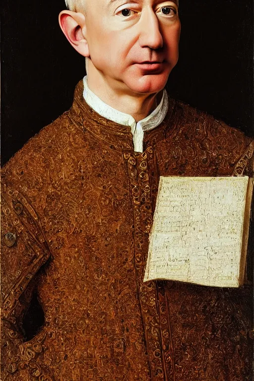 Image similar to portrait of jeff bezos!!! oil painting by jan van eyck, northern renaissance art, oil on canvas, wet - on - wet technique, realistic, expressive emotions, intricate textures, illusionistic detail