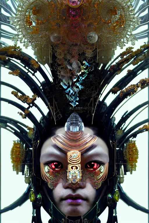 Image similar to asura from chinese myth, ghost, gorgeous and huge head ornaments, dystopian, cyberpunk, organic fractal mycelum and fungi, mecha, halfturn portrait of a big crystal face made of crystals half - turn, ominous, intricate, studio, art by anthony macbain + greg rutkowski + alphonse mucha, concept art, 4 k, sharp focus