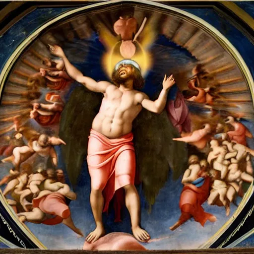 Image similar to Moodymann ascends to Heaven on a flying turntable, fresco, by Raphael, Giotto, Michelangelo