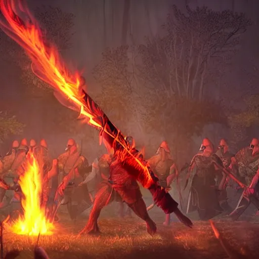 Image similar to Flaming sword illuminates a forest full of goblins a warrior is silhouetted in the centre