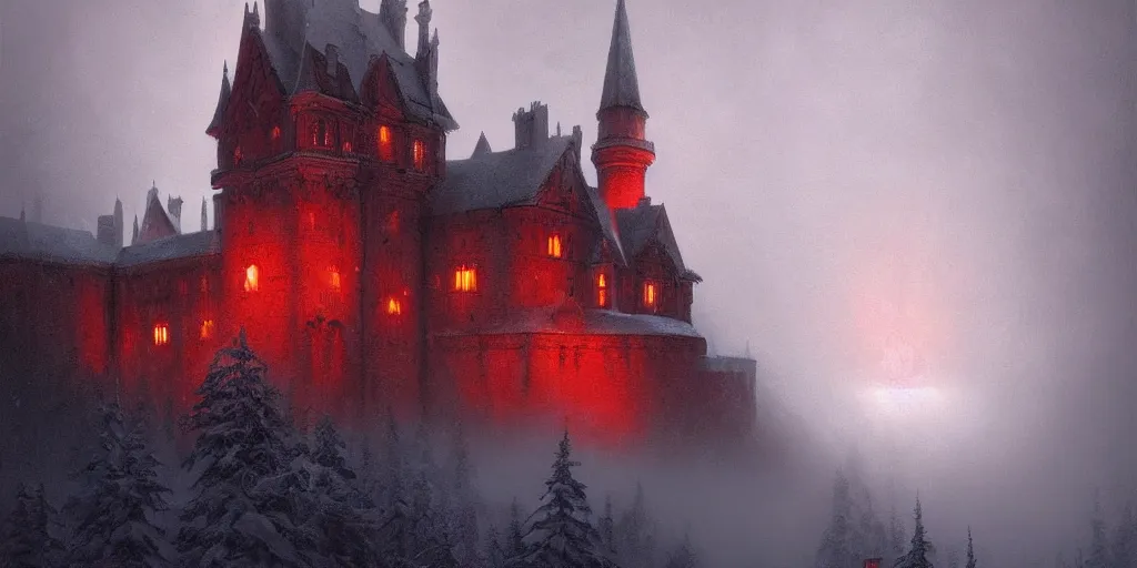 Prompt: A hyper realistic oil painting of a gothic castle made out of crimson stone, surrounded by snow, surrounded by fog, moody cinematic lighting, red moonlight above the castle, hyper detailed, by greg rutkowski, trending on artstation