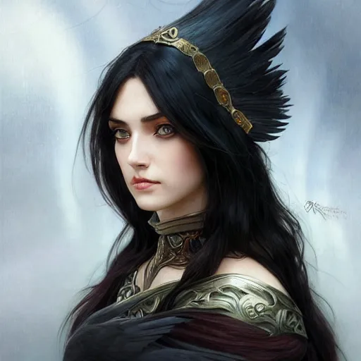 Prompt: portrait of a raven-haired female sorceress with beautiful eyes, elegant, intricate, headshot, D&D, fantasy, highly detailed, digital painting, artstation, concept art, sharp focus, illustration, art by artgerm and greg rutkowski and alphonse mucha