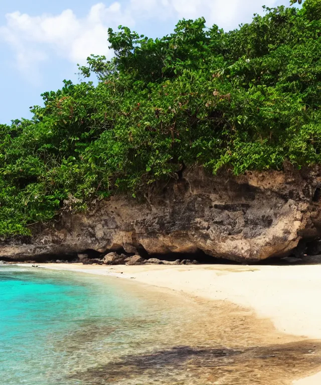 Prompt: turtle bay beach jamaica, sharp cliffs, island with cave