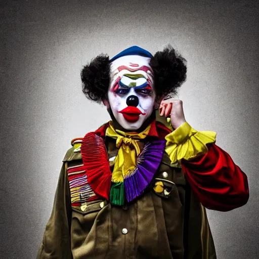 Image similar to clown in war uniform , award winning photograph , 4k , HD