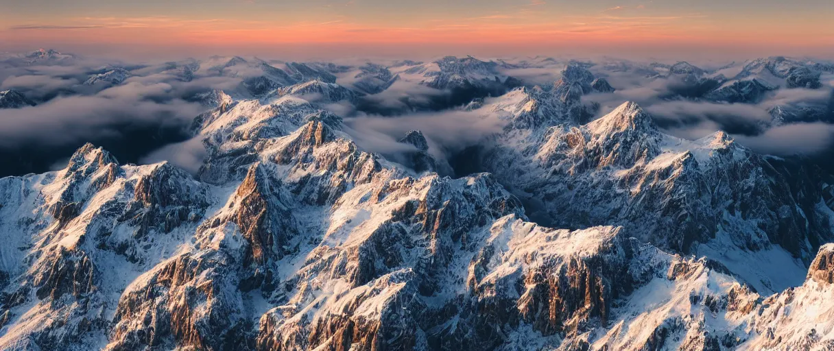 Prompt: a photorealistic breathtaking aerial view of the eastern snow covered alps mountain range at sunrise, cliffs, volumetric light, haze, fog, snow, hyperrealism, rock edge, highly detailed, intricate, cinematic, front facing camera, cinematic, epic lighting, 8 k by frederic church, albert bierstadt