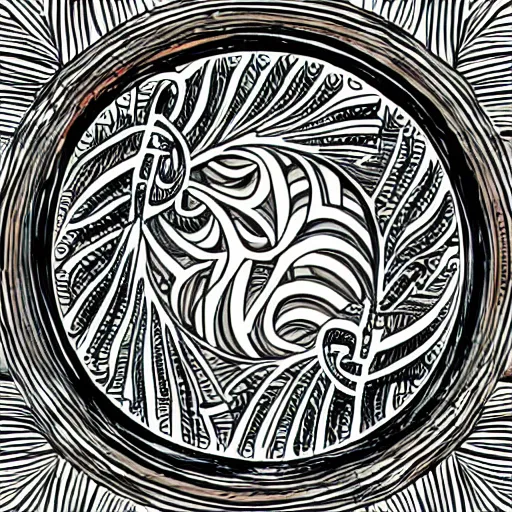 Image similar to an art nouveau design of birds flying in a simple spiral, ink, line art