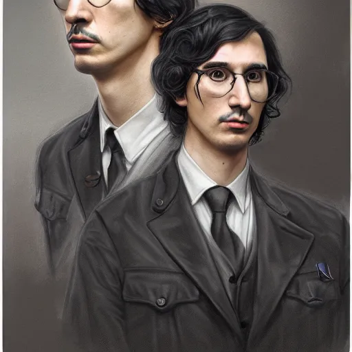 Prompt: portrait of a stoic looking john oliver and adam driver, full body, military uniform, fantasy, intricate, elegant, beautiful, highly detailed, charcoal, centered, dark, smokey, digital painting, artstation, concept art, smooth, sharp focus, illustration, art by artgerm and greg rutkowski and alphonse mucha