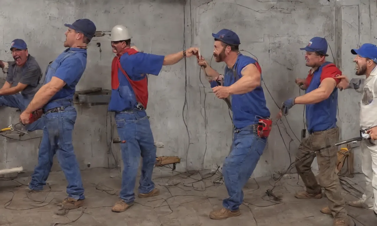 Image similar to epic duel between plumbers and electricians, cinematic