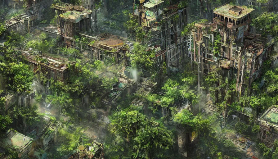 Prompt: Abandoned city of Seattle turned into a jungle, hyperdetailed, artstation, cgsociety, 8k