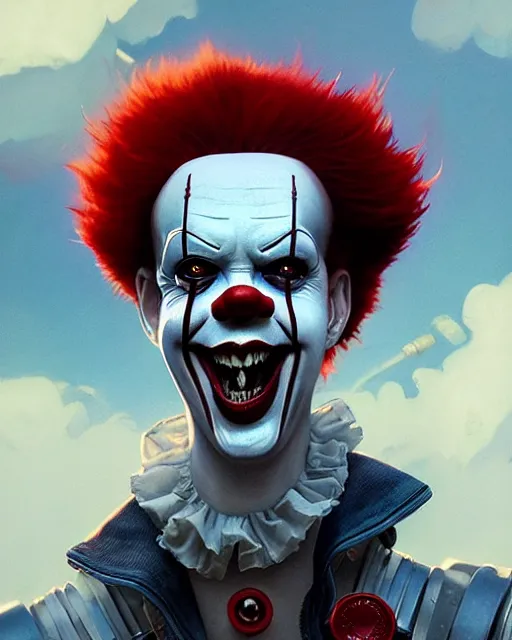 Image similar to highly detailed vfx portrait of pennywise as terminator, stephen bliss, unreal engine, greg rutkowski, loish, rhads, beeple, makoto shinkai and lois van baarle, ilya kuvshinov, rossdraws, tom bagshaw, alphonse mucha, global illumination, detailed and intricate environment