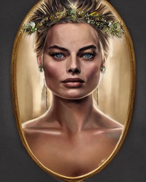 Image similar to realism tattoo sketch of margot robbie as a beautiful greek goddess aphrodite with piercing eyes wearing a laurel wreath and triangle earrings, in the style of greg rutkowski, amazing detail