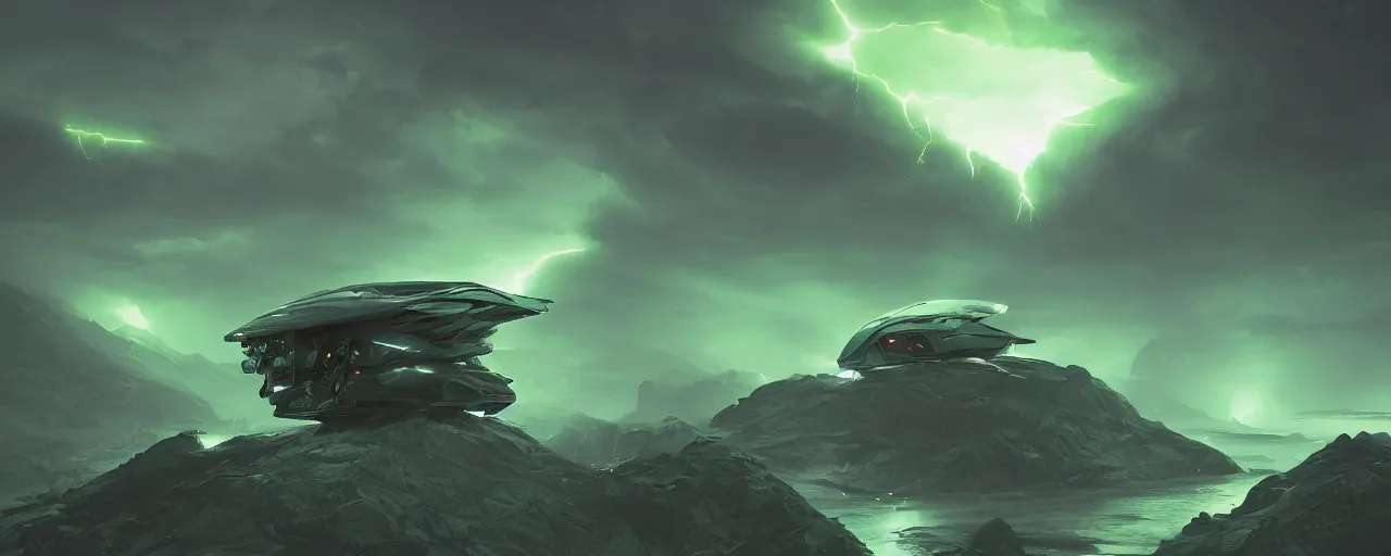 Prompt: an image of an alien bug like ship in the night on a mountain with green headlights on by Paul Chadeisson, atmospherical, heavy storm, lightnings , concept art, high detail, intimidating , cinematic, Artstation trending, octane render