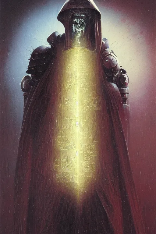 Image similar to painting of joe biden as a cloaked tech priest holding a book, adeptus mechanicus!, cybernetic enhancements attached to his body, praise the omnissaiah, zdzislaw beksinski, lewis jones, mattias adolfsson, warhammer 4 0 k!!, cold hue's, warm tone gradient background, concept art, digital painting