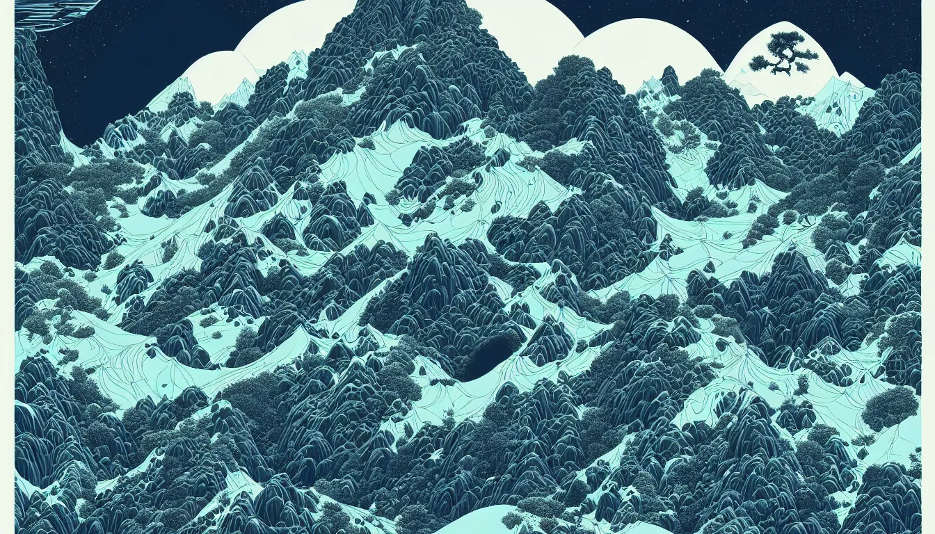 Prompt: himalayas by balmy enso, jamie hewlett, nicolas delort, moebius, victo ngai, josan gonzalez, kilian eng