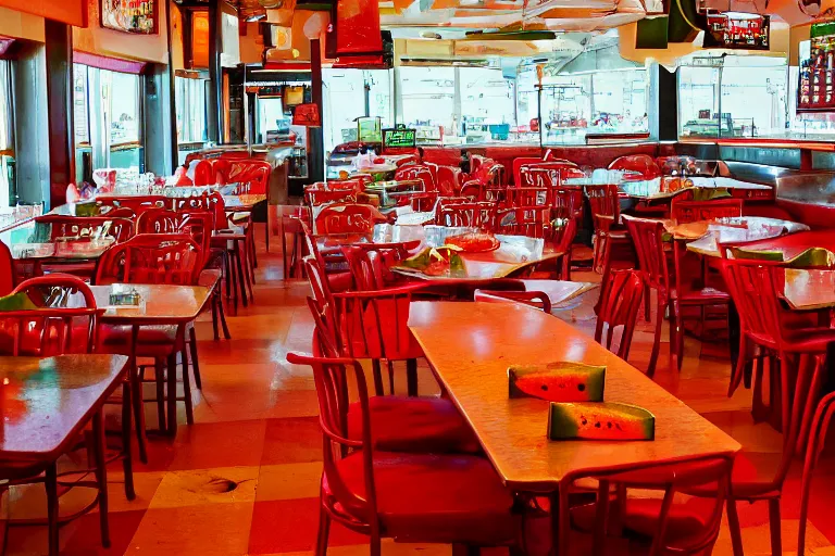 Prompt: 1 9 9 2 watermelon new jersey diner, tables repeat endlessly into the horizon, fruitcore, one point perspective, americana, restaurant interior photography, 5 5 mm