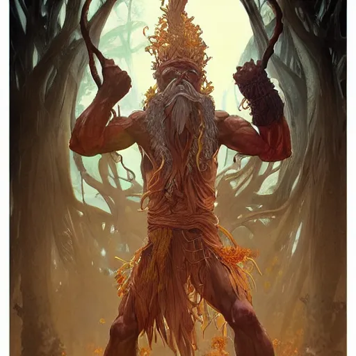 Image similar to treebeard as dhalsim from street fighter, 4 k, ultra realistic, detailed focused art by artgerm and greg rutkowski and alphonse mucha