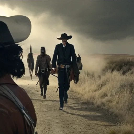 Image similar to screenshot of the lone ranger walking ont a tv film set with a film crew, behind the scenes, 2 4 mm lens, directed by wince mcstevens, tense scene, moody dramatic light