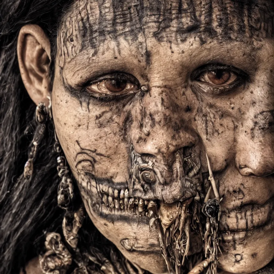 Image similar to extremely detailed award winning national geographic face portrait photography uncut centered and realistic from ancient mayan elder shaman warrior with terrifying face tattoos and heavy bone piercings . 64megapixel. 4k 8k. Photorealistic artwork. Influenced by the movie apocalypto. Landscape background what is slightly blurry and windy.