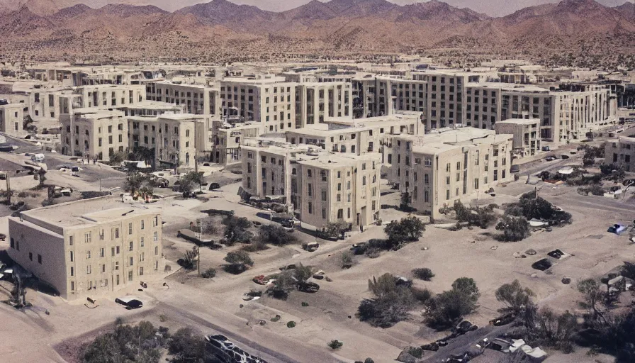 Prompt: 1 9 7 0 s movie still of a empty huge neoclassical town with neoclassical style high - rise in the desert, cinestill 8 0 0 t 3 5 mm eastmancolor, heavy grain, high quality, high detailed