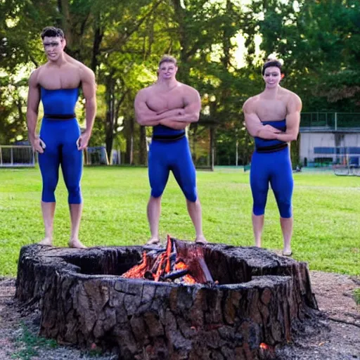 Prompt: male college gymnasts performing stunts around a campfire