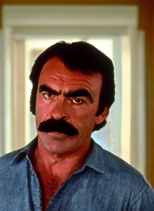 Prompt: film still of tom selleck as johnny in the shining, 4 k