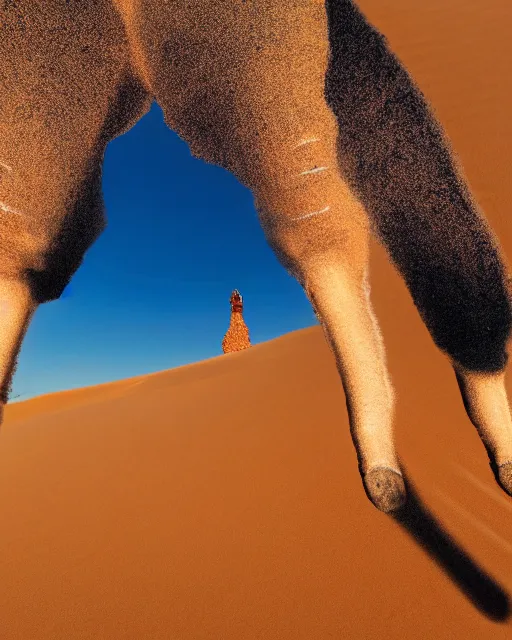 Prompt: photo of a giant human hand protruding from the sand in the sahara desert in the style of mano del desierto, a camel stands off in the distance, golden hour, bokeh