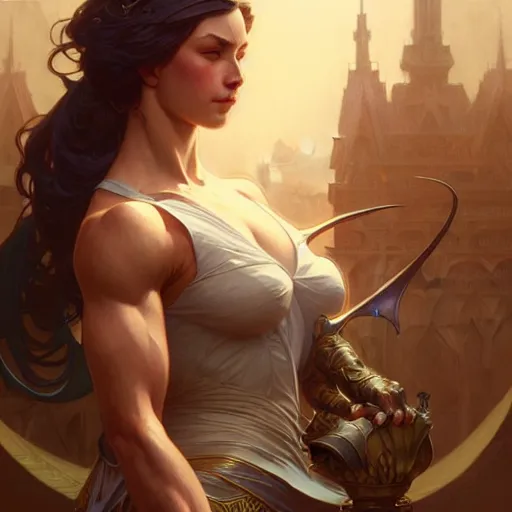 Image similar to guilty, muscular upper body, D&D, fantasy, intricate, elegant, highly detailed, digital painting, artstation, concept art, smooth, sharp focus, illustration, art by artgerm and greg rutkowski and alphonse mucha