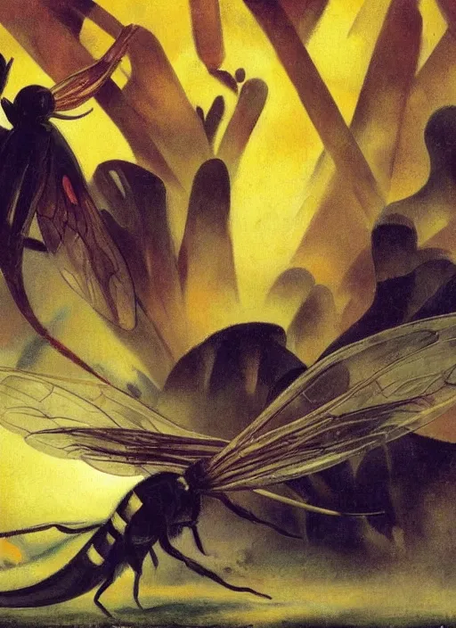 Prompt: photo of a crazy wasp, warped reality, bizarre, fantasy landscape, art by andreas achenbach, august macke, alice bailly, alison geissler