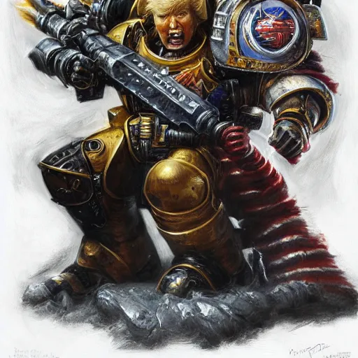 Prompt: Donald Trump as a space marine Primarch, warhammer 40k, closeup character portrait art by Donato Giancola, Craig Mullins, digital art, trending on artstation