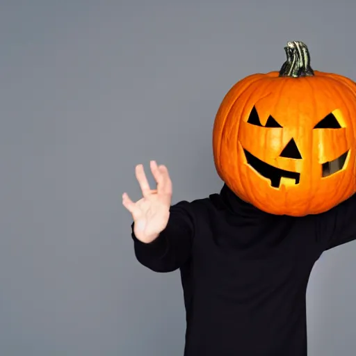 Prompt: man with pumpkin head, in black turtleneck, waving hands, at grey backgroud, studio light, 4 k