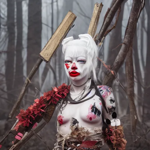 Prompt: albino geisha warrior ornated viking armor war paint in the woods, detailed, smokey background, jewelry, sakura,photograph, award wining, red and white, trending on artstation, punk attitude, 4k, unreal engine 5, octane render, neon highlights