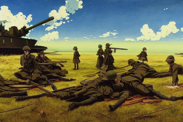 Prompt: anime key visual depicting the horrors of the 1 9 1 8 great war, anime maids riding early tanks, matriarchy, old bolt action rifles, biplanes in the sky, blood anguish terror death, style of jamie wyeth james gilleard edward hopper greg rutkowski acrylic painting, preserved museum piece, historical