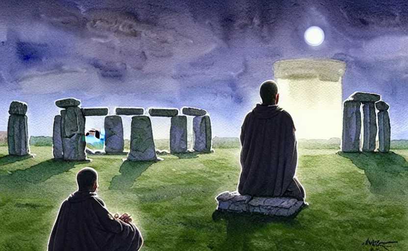 Image similar to a hyperrealist watercolour character concept art portrait of one small grey medieval monk kneeling down in prayer in front of a floating portal above a complete stonehenge monument on a misty night. a ufo is in the sky. by rebecca guay, michael kaluta, charles vess and jean moebius giraud