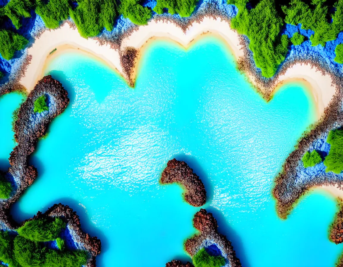 Image similar to closeup shot photo of ultra realistic blue lagoon with exotic tree heart / shaped sandy beach island, sunset lighting