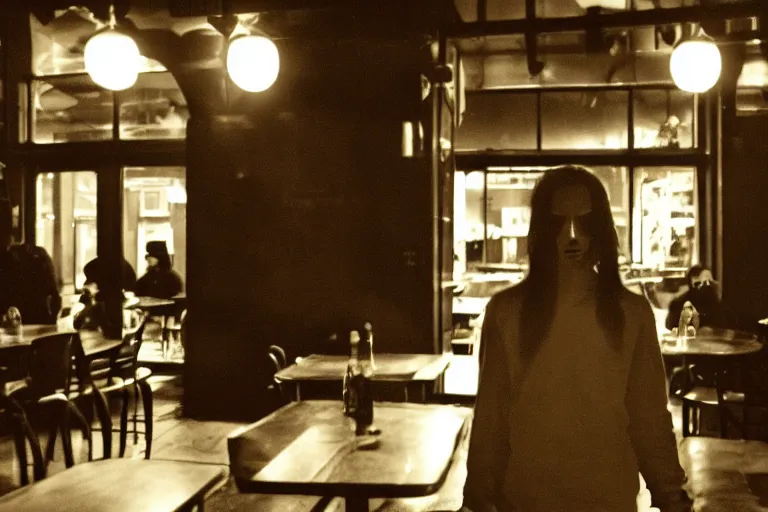 Prompt: eerie 2 0 0 0 s photograph of a demon standing in a dimly lit cafe