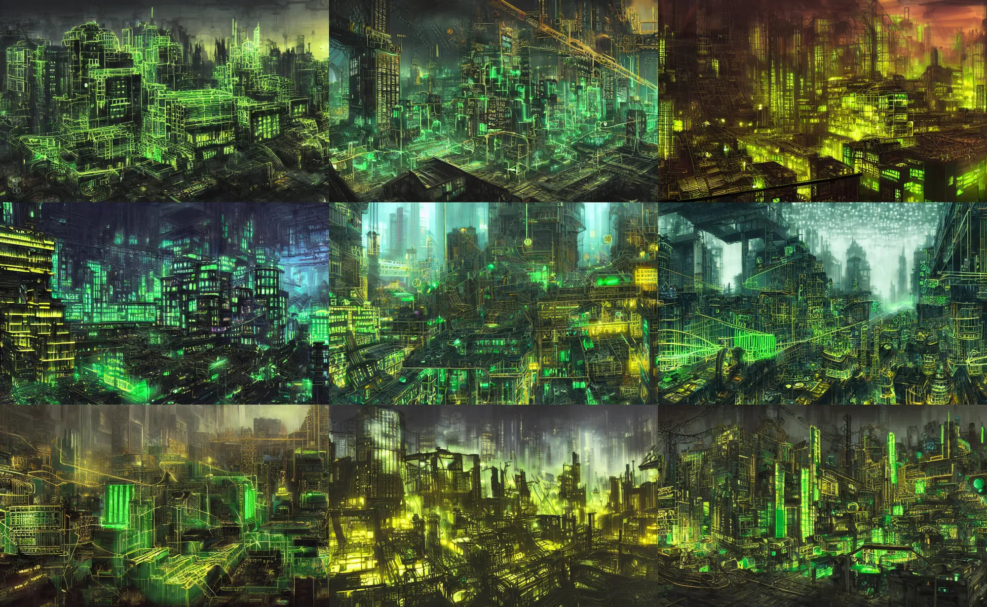 Prompt: circuitpunk cityscape, old ramshackle buildings built out of computer memory sticks, green circuit board with gold circuits and integrated circuit chips, giant computer parts, city of computer parts and wires, 3d concept art, digital art, cinematic lighting, volumetric rendering, fantasy landscape, hyperrealistic, detailed matte painting fantasy world