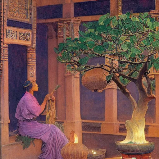 Prompt: Old African gardener cutting bonsai trees, isyllic Garden, by Annie Swynnerton and Nicholas Roerich and jean delville, glowing paper lanterns, strong dramatic cinematic lighting , ornate tiled architecture, lost civilizations, smooth, sharp focus, extremely detailed