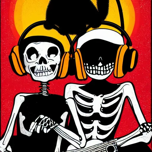 Image similar to skeleton wearing headphones watching girl playing guitar with her black cat standing next to her, digital art