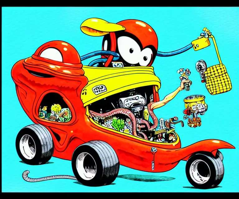 Prompt: cute and funny, phish, wearing a helmet, driving a hotrod, oversized enginee, ratfink style by ed roth, centered award winning watercolor pen illustration, isometric illustration by chihiro iwasaki, the artwork of r. crumb and his cheap suit, cult - classic - comic,