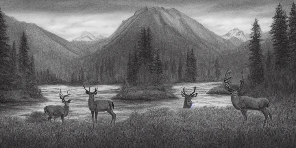 Prompt: A majestic landscape featuring a river, mountains and a forest. In the middle there is a deer with very big horns and he is staring at the sunset. Cinematic, very beautiful, pencil drawing