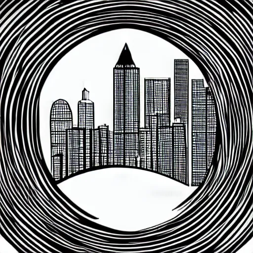 Image similar to a perfect circle, the outer edge of the circle is hugged by the silhouette of a city skyline, black and white, minimalist, in the style of a line drawing