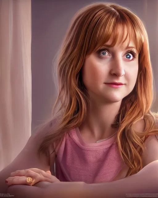 Image similar to Beautiful art portrait of Melissa Rauch as Rachel Green in friends, atmospheric lighting, intricate detail, cgsociety, hyperrealistic, octane render, RPG portrait, ambient light, dynamic lighting