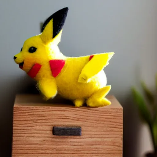 Image similar to a cute pikachu made out of felt sitting on a dresser in a bedroom macro photography